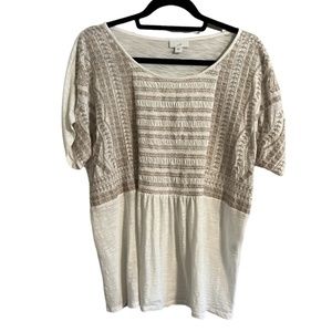 J. Jill Womens Top Embroidered Blouse Modal Blend Boho White Tan Size L Casual